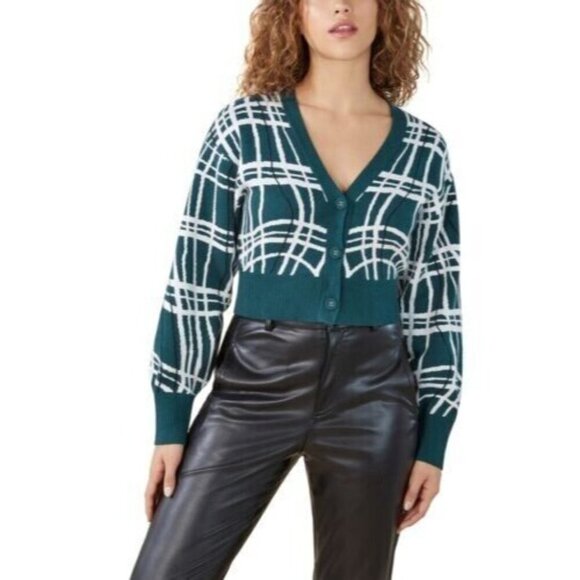 BCBGeneration Cropped Plaid Button Front Cardigan Whimsical Plaid Size M NWT - Picture 1 of 13